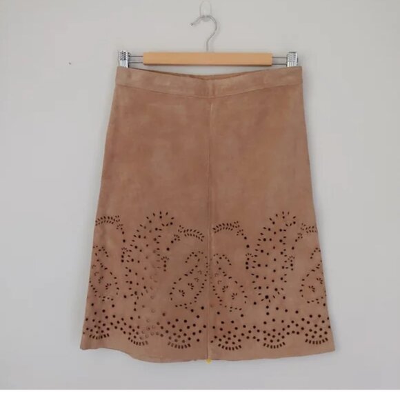 Theory tan suede lined western, boho laser cut skirt size 12 - Picture 1 of 9